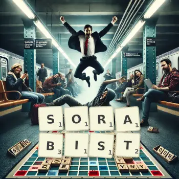 Kreative Illustration für ein Scrabble-Spiel, bei dem das Wort SORABIST mit Steinen auf dem Brett gelegt wurde.