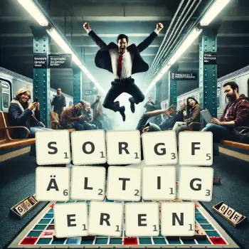 Kreative Illustration für ein Scrabble-Spiel, bei dem das Wort SORGFÄLTIGEREN mit Steinen auf dem Brett gelegt wurde.