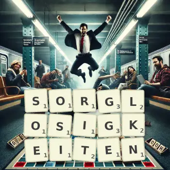 Kreative Illustration für ein Scrabble-Spiel, bei dem das Wort SORGLOSIGKEITEN mit Steinen auf dem Brett gelegt wurde.
