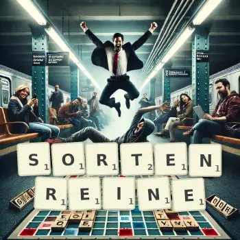 Kreative Illustration für ein Scrabble-Spiel, bei dem das Wort SORTENREINE mit Steinen auf dem Brett gelegt wurde.