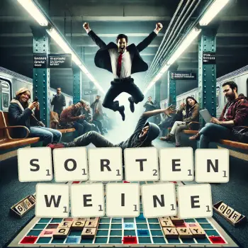 Kreative Illustration für ein Scrabble-Spiel, bei dem das Wort SORTENWEINE mit Steinen auf dem Brett gelegt wurde.