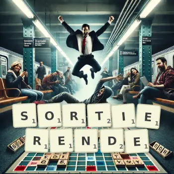 Kreative Illustration für ein Scrabble-Spiel, bei dem das Wort SORTIERENDE mit Steinen auf dem Brett gelegt wurde.