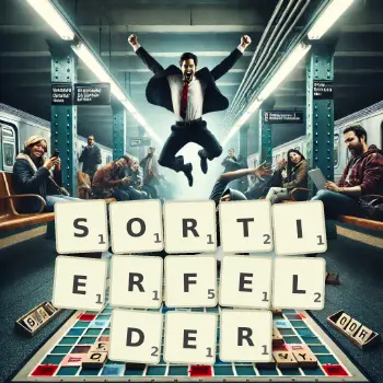 Kreative Illustration für ein Scrabble-Spiel, bei dem das Wort SORTIERFELDER mit Steinen auf dem Brett gelegt wurde.