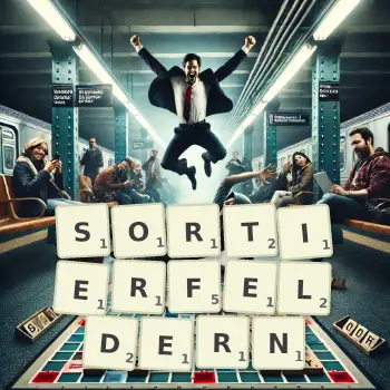 Kreative Illustration für ein Scrabble-Spiel, bei dem das Wort SORTIERFELDERN mit Steinen auf dem Brett gelegt wurde.