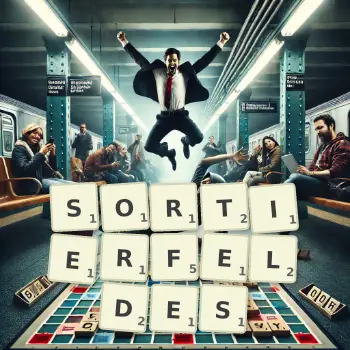 Kreative Illustration für ein Scrabble-Spiel, bei dem das Wort SORTIERFELDES mit Steinen auf dem Brett gelegt wurde.
