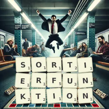 Kreative Illustration für ein Scrabble-Spiel, bei dem das Wort SORTIERFUNKTION mit Steinen auf dem Brett gelegt wurde.