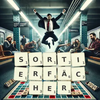 Kreative Illustration für ein Scrabble-Spiel, bei dem das Wort SORTIERFÄCHER mit Steinen auf dem Brett gelegt wurde.