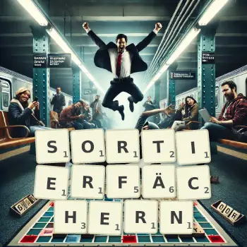 Kreative Illustration für ein Scrabble-Spiel, bei dem das Wort SORTIERFÄCHERN mit Steinen auf dem Brett gelegt wurde.