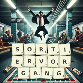 Kreative Illustration für ein Scrabble-Spiel, bei dem das Wort SORTIERVORGANG mit Steinen auf dem Brett gelegt wurde.