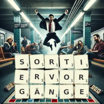 Kreative Illustration für ein Scrabble-Spiel, bei dem das Wort SORTIERVORGÄNGE mit Steinen auf dem Brett gelegt wurde.