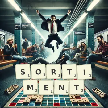 Kreative Illustration für ein Scrabble-Spiel, bei dem das Wort SORTIMENT mit Steinen auf dem Brett gelegt wurde.