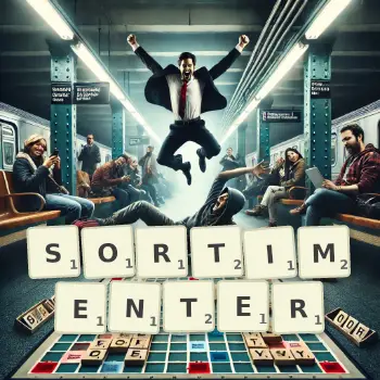 Kreative Illustration für ein Scrabble-Spiel, bei dem das Wort SORTIMENTER mit Steinen auf dem Brett gelegt wurde.