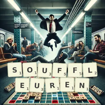 Kreative Illustration für ein Scrabble-Spiel, bei dem das Wort SOUFFLEUREN mit Steinen auf dem Brett gelegt wurde.