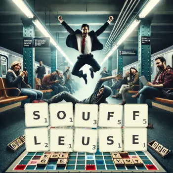 Kreative Illustration für ein Scrabble-Spiel, bei dem das Wort SOUFFLEUSE mit Steinen auf dem Brett gelegt wurde.