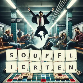 Kreative Illustration für ein Scrabble-Spiel, bei dem das Wort SOUFFLIERTEN mit Steinen auf dem Brett gelegt wurde.