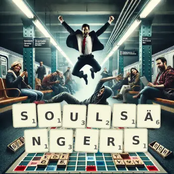 Kreative Illustration für ein Scrabble-Spiel, bei dem das Wort SOULSÄNGERS mit Steinen auf dem Brett gelegt wurde.