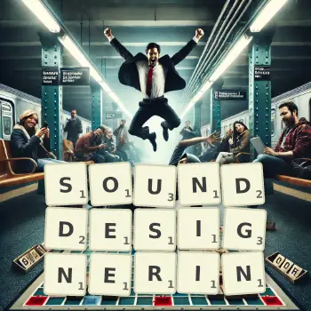 Kreative Illustration für ein Scrabble-Spiel, bei dem das Wort SOUNDDESIGNERIN mit Steinen auf dem Brett gelegt wurde.
