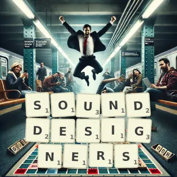 Kreative Illustration für ein Scrabble-Spiel, bei dem das Wort SOUNDDESIGNERS mit Steinen auf dem Brett gelegt wurde.