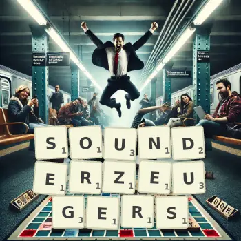 Kreative Illustration für ein Scrabble-Spiel, bei dem das Wort SOUNDERZEUGERS mit Steinen auf dem Brett gelegt wurde.