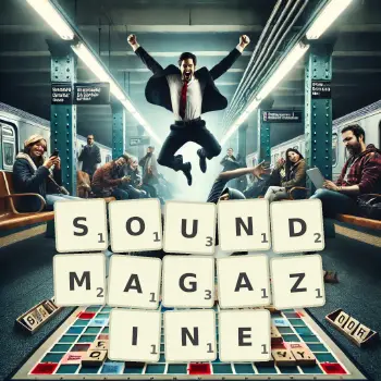 Kreative Illustration für ein Scrabble-Spiel, bei dem das Wort SOUNDMAGAZINE mit Steinen auf dem Brett gelegt wurde.