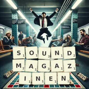 Kreative Illustration für ein Scrabble-Spiel, bei dem das Wort SOUNDMAGAZINEN mit Steinen auf dem Brett gelegt wurde.