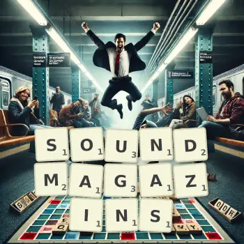 Kreative Illustration für ein Scrabble-Spiel, bei dem das Wort SOUNDMAGAZINS mit Steinen auf dem Brett gelegt wurde.