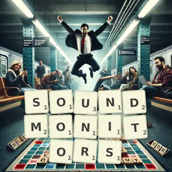 Kreative Illustration für ein Scrabble-Spiel, bei dem das Wort SOUNDMONITORS mit Steinen auf dem Brett gelegt wurde.