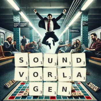 Kreative Illustration für ein Scrabble-Spiel, bei dem das Wort SOUNDVORLAGEN mit Steinen auf dem Brett gelegt wurde.