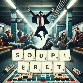 Kreative Illustration für ein Scrabble-Spiel, bei dem das Wort SOUPIERET mit Steinen auf dem Brett gelegt wurde.