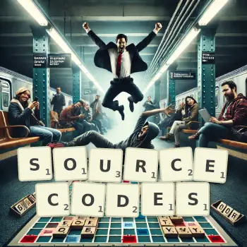 Kreative Illustration für ein Scrabble-Spiel, bei dem das Wort SOURCECODES mit Steinen auf dem Brett gelegt wurde.