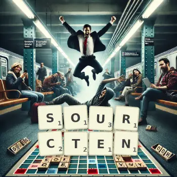 Kreative Illustration für ein Scrabble-Spiel, bei dem das Wort SOURCTEN mit Steinen auf dem Brett gelegt wurde.