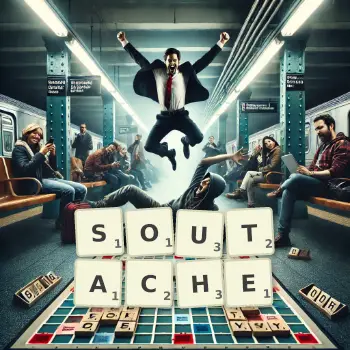 Kreative Illustration für ein Scrabble-Spiel, bei dem das Wort SOUTACHE mit Steinen auf dem Brett gelegt wurde.