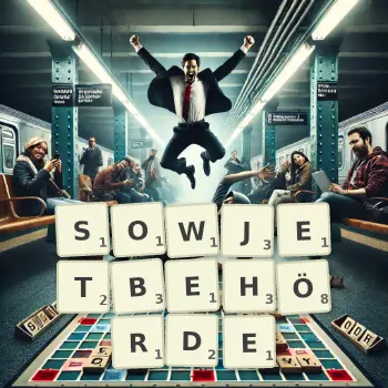 Kreative Illustration für ein Scrabble-Spiel, bei dem das Wort SOWJETBEHÖRDE mit Steinen auf dem Brett gelegt wurde.
