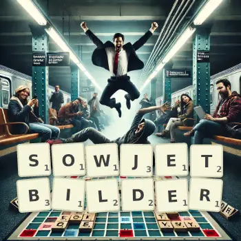 Kreative Illustration für ein Scrabble-Spiel, bei dem das Wort SOWJETBILDER mit Steinen auf dem Brett gelegt wurde.