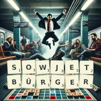 Kreative Illustration für ein Scrabble-Spiel, bei dem das Wort SOWJETBÜRGER mit Steinen auf dem Brett gelegt wurde.