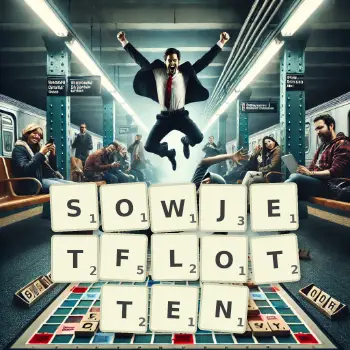 Kreative Illustration für ein Scrabble-Spiel, bei dem das Wort SOWJETFLOTTEN mit Steinen auf dem Brett gelegt wurde.