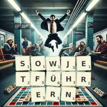 Kreative Illustration für ein Scrabble-Spiel, bei dem das Wort SOWJETFÜHRERN mit Steinen auf dem Brett gelegt wurde.