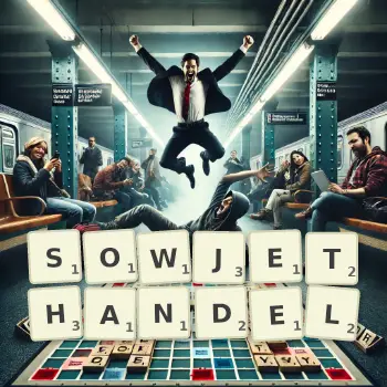 Kreative Illustration für ein Scrabble-Spiel, bei dem das Wort SOWJETHANDEL mit Steinen auf dem Brett gelegt wurde.