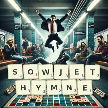 Kreative Illustration für ein Scrabble-Spiel, bei dem das Wort SOWJETHYMNE mit Steinen auf dem Brett gelegt wurde.