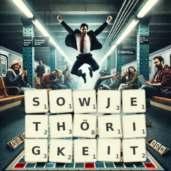 Kreative Illustration für ein Scrabble-Spiel, bei dem das Wort SOWJETHÖRIGKEIT mit Steinen auf dem Brett gelegt wurde.