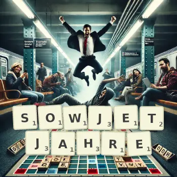 Kreative Illustration für ein Scrabble-Spiel, bei dem das Wort SOWJETJAHRE mit Steinen auf dem Brett gelegt wurde.