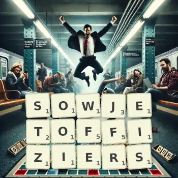 Kreative Illustration für ein Scrabble-Spiel, bei dem das Wort SOWJETOFFIZIERS mit Steinen auf dem Brett gelegt wurde.