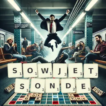 Kreative Illustration für ein Scrabble-Spiel, bei dem das Wort SOWJETSONDE mit Steinen auf dem Brett gelegt wurde.