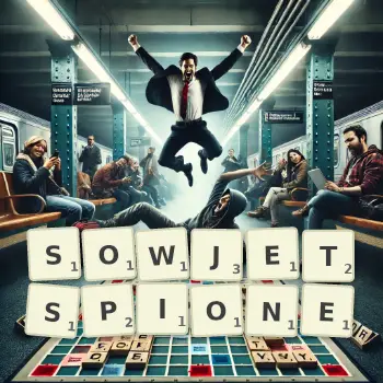 Kreative Illustration für ein Scrabble-Spiel, bei dem das Wort SOWJETSPIONE mit Steinen auf dem Brett gelegt wurde.