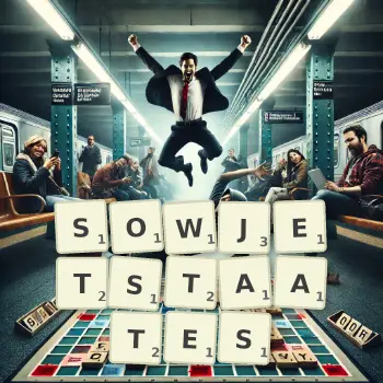 Kreative Illustration für ein Scrabble-Spiel, bei dem das Wort SOWJETSTAATES mit Steinen auf dem Brett gelegt wurde.