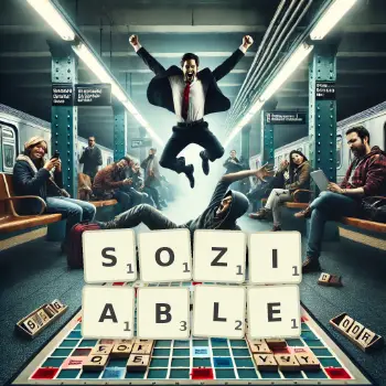 Kreative Illustration für ein Scrabble-Spiel, bei dem das Wort SOZIABLE mit Steinen auf dem Brett gelegt wurde.