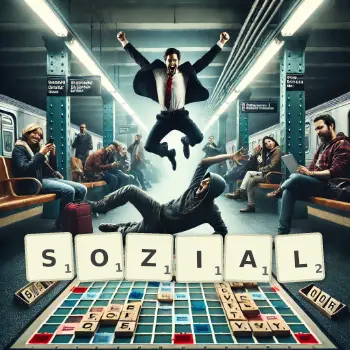 Kreative Illustration für ein Scrabble-Spiel, bei dem das Wort SOZIAL mit Steinen auf dem Brett gelegt wurde.
