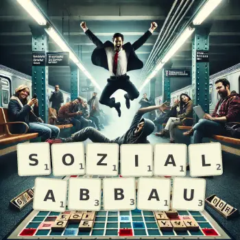 Kreative Illustration für ein Scrabble-Spiel, bei dem das Wort SOZIALABBAU mit Steinen auf dem Brett gelegt wurde.