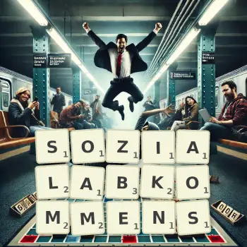 Kreative Illustration für ein Scrabble-Spiel, bei dem das Wort SOZIALABKOMMENS mit Steinen auf dem Brett gelegt wurde.