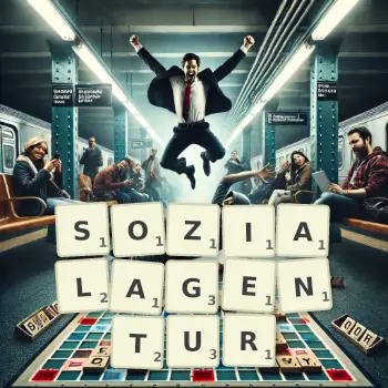 Kreative Illustration für ein Scrabble-Spiel, bei dem das Wort SOZIALAGENTUR mit Steinen auf dem Brett gelegt wurde.